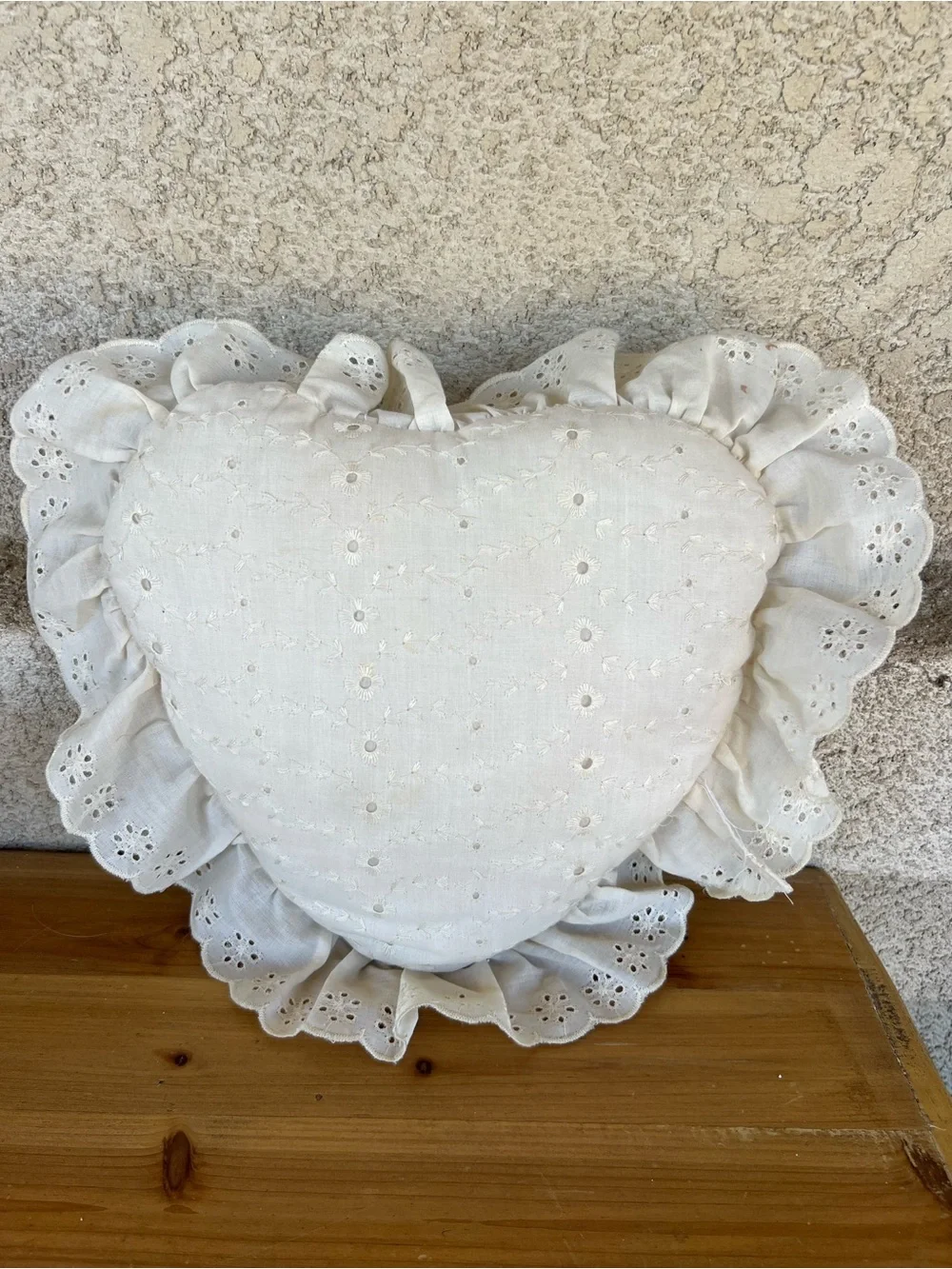 White Eyelet Heart Pillow with Ruffle Trim